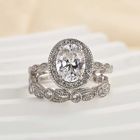 Elegant Vibe Louily Vintage Leaf & Vine Art Deco Halo Oval Cut Ring Set