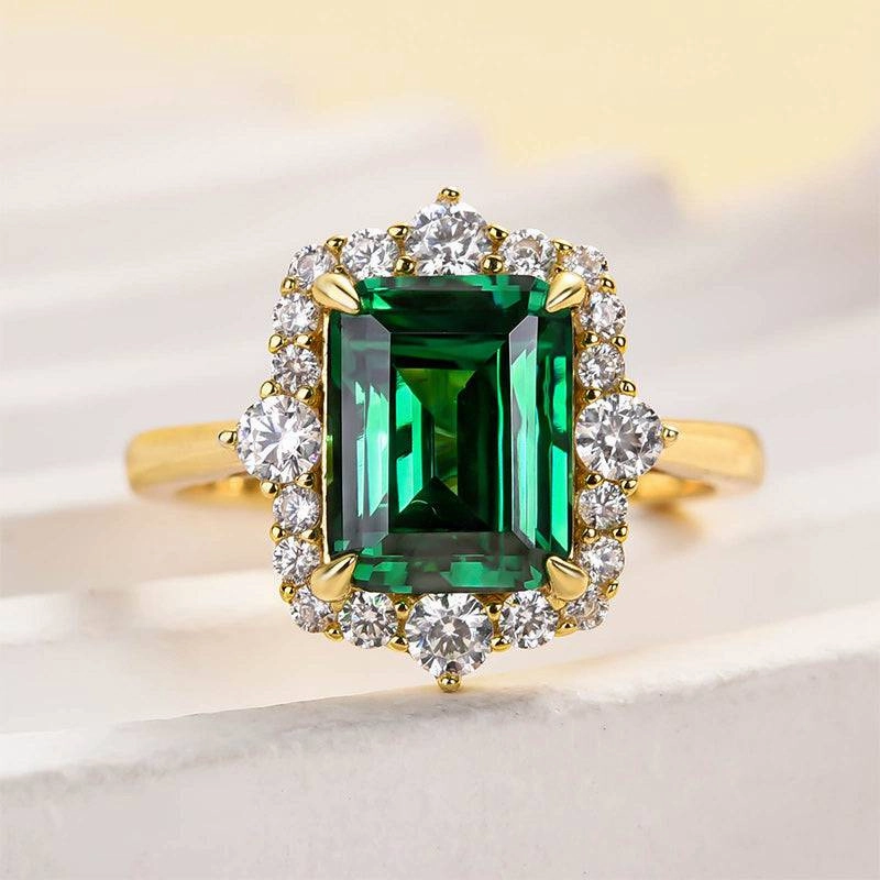 Radiant Look Vintage Pop Louily Yellow Gold Halo Emerald Cut Engagement Ring In Sterling Silver