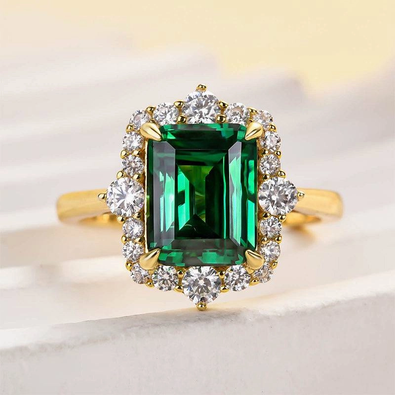 Fusion Form Louily Yellow Gold Halo Emerald Cut Engagement Ring In Sterling Silver