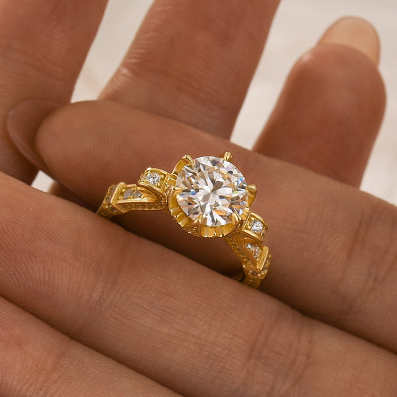 Louily Yellow Gold Moissanite 2.0 Carat Engagement Ring For Women Spark Touch Chic Line