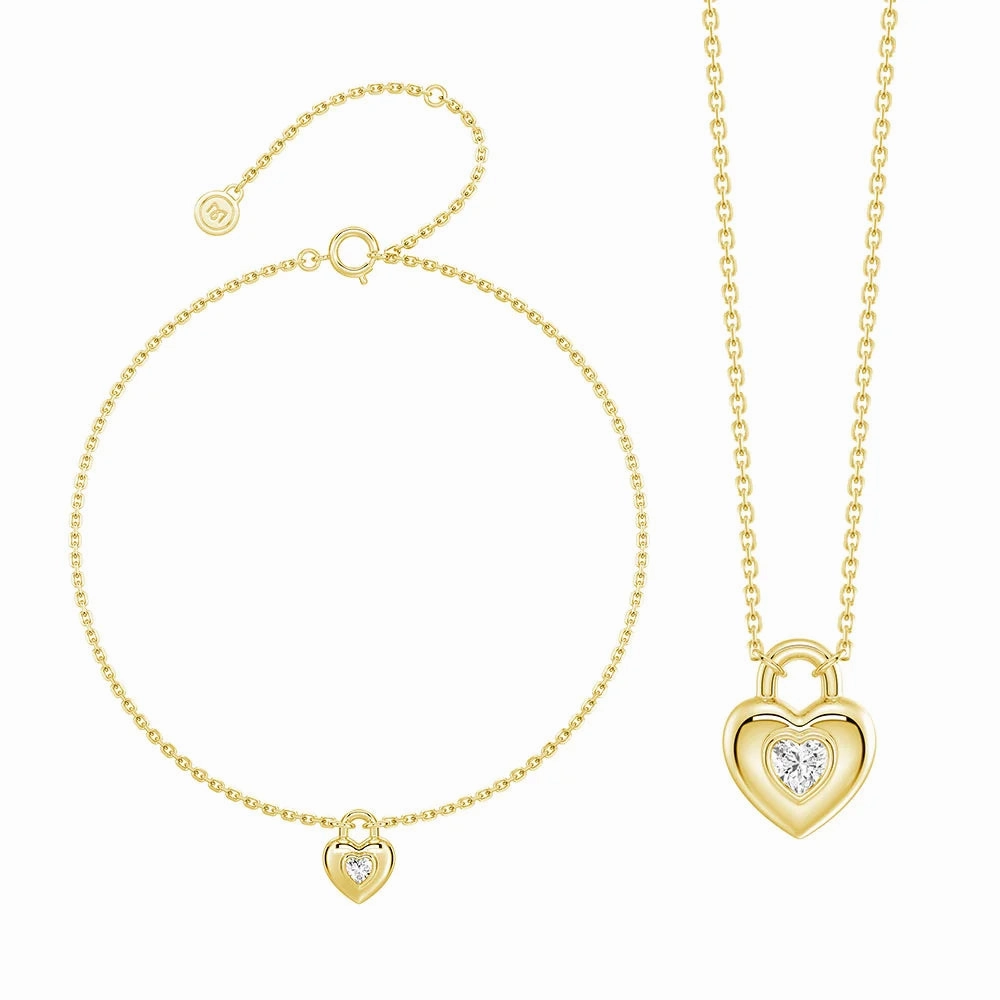 Vibrant Appeal Love Lock Heart Solitaire Moissanite Pendant Necklace And Bracelet Set