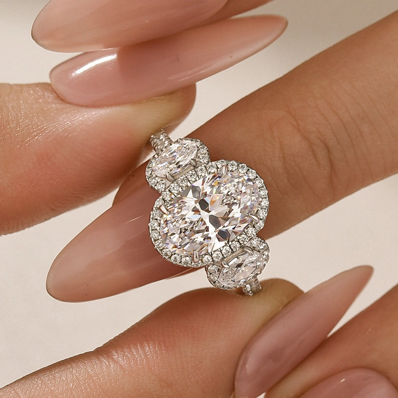 2.5Ct Halo Oval Cut Three Stone Engagement Ring Travel Ring In Sterling Silver Handcrafted Quality Trendy Detail