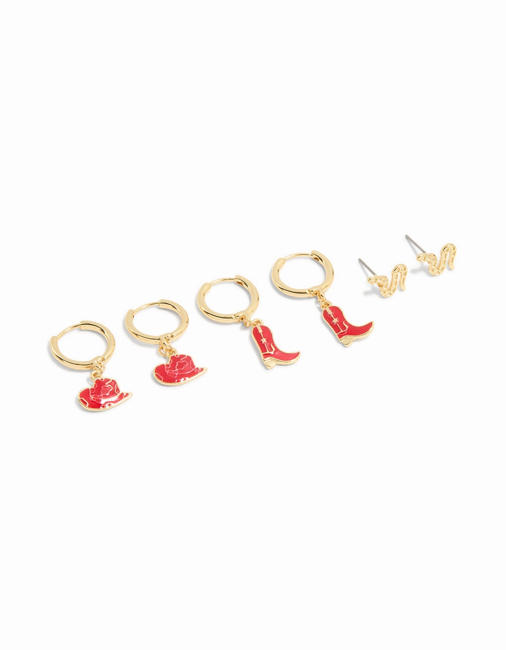 Gold Plated Red Cowboy & Snake Earrings 3-Pack Glam Day Sculpted Design