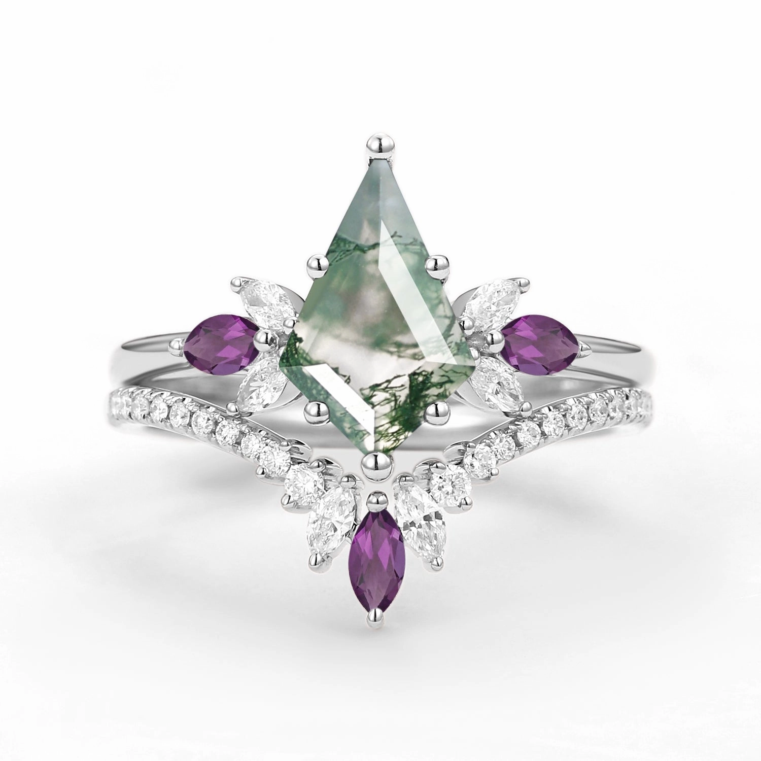 Dramatic Flare Timeless Set Butterfly Fairy - Moss Agate & Amethyst Engagement Ring Set 2pcs