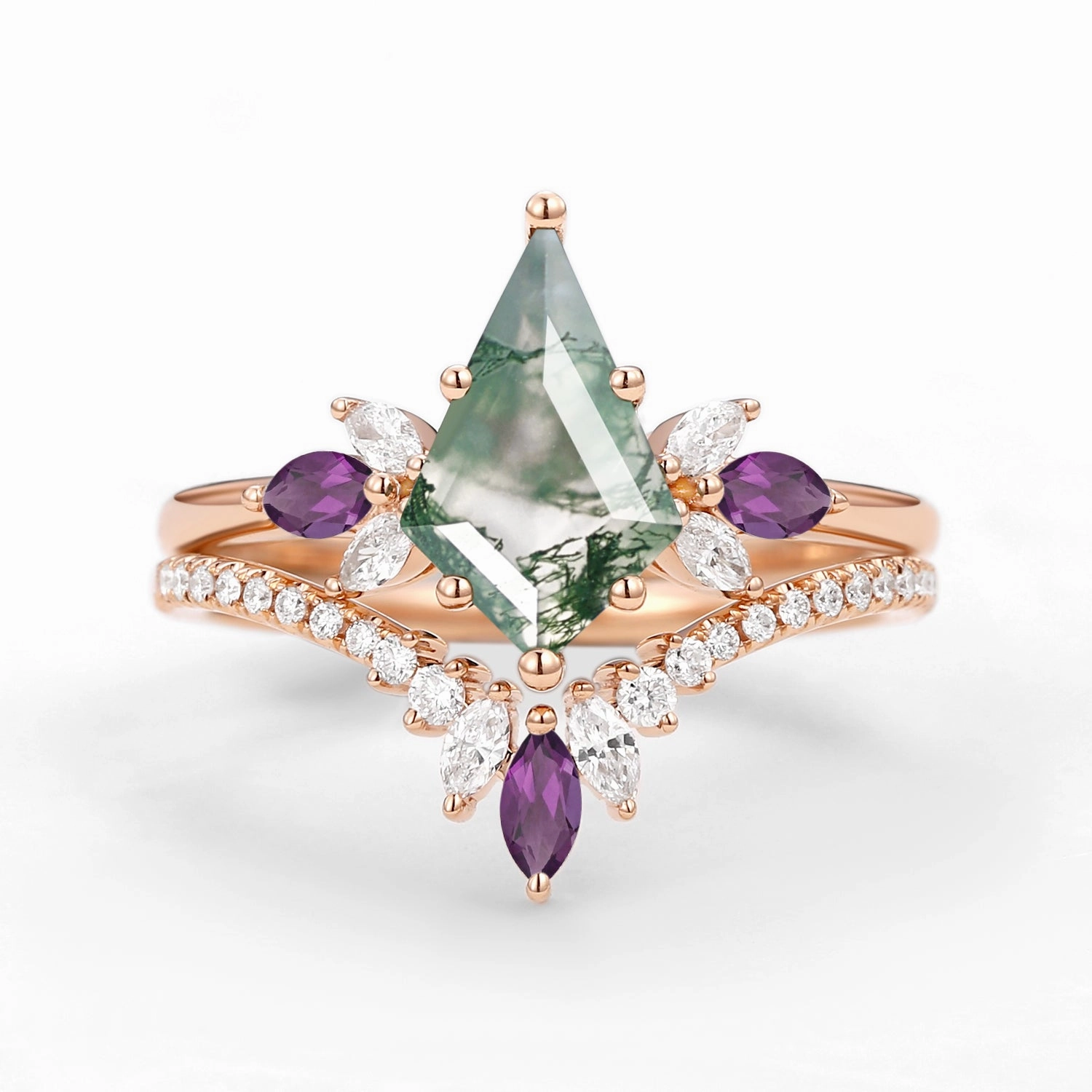 Butterfly Fairy - Moss Agate & Amethyst Engagement Ring Set 2pcs Radiant Appeal Fashionable Finish