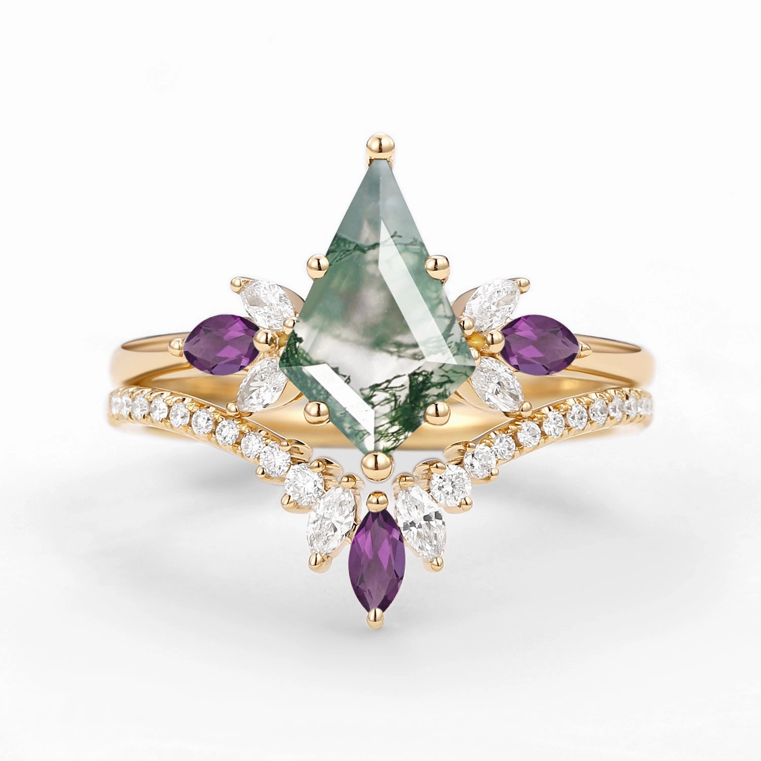 Pastel Mood Shimmering Detail Butterfly Fairy - Moss Agate & Amethyst Engagement Ring Set 2pcs