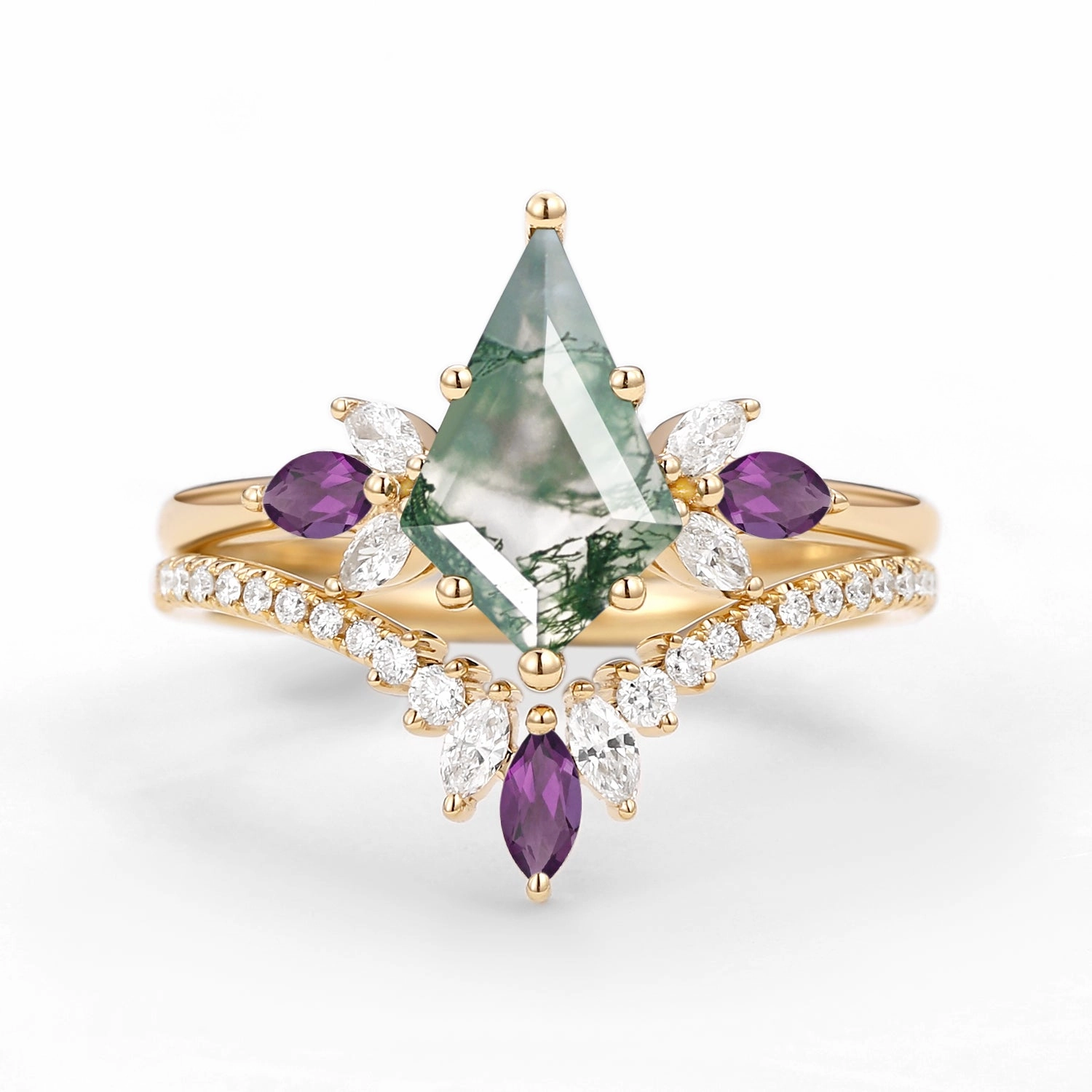 Shiny Treasures Butterfly Fairy - Moss Agate & Amethyst Engagement Ring Set 2pcs