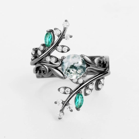 Round Shaped Moss Agate & Emerald Engagement Ring Sets 2PCS Exclusive Edge Personalized Style