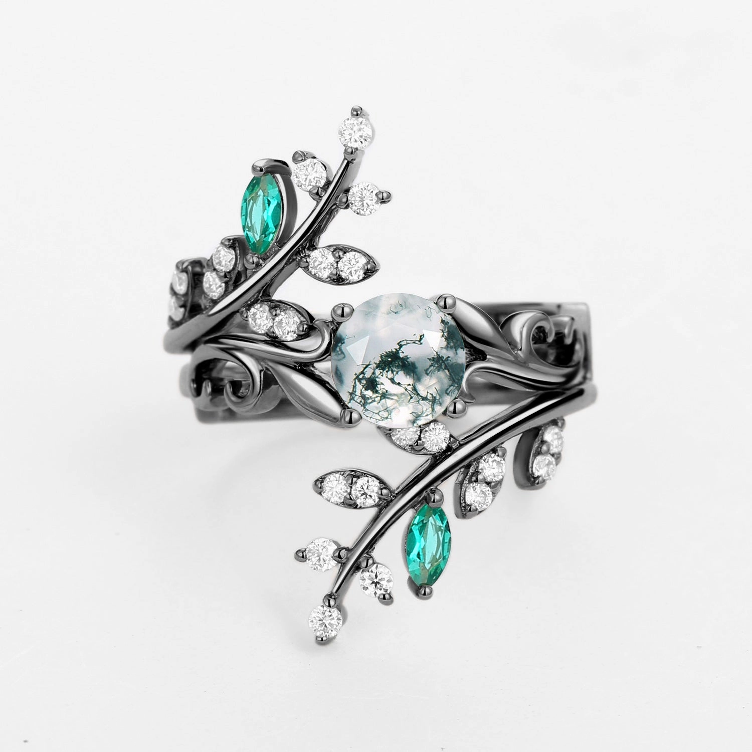 Round Shaped Moss Agate & Emerald Engagement Ring Sets 2PCS Special Style Distinctive Detail