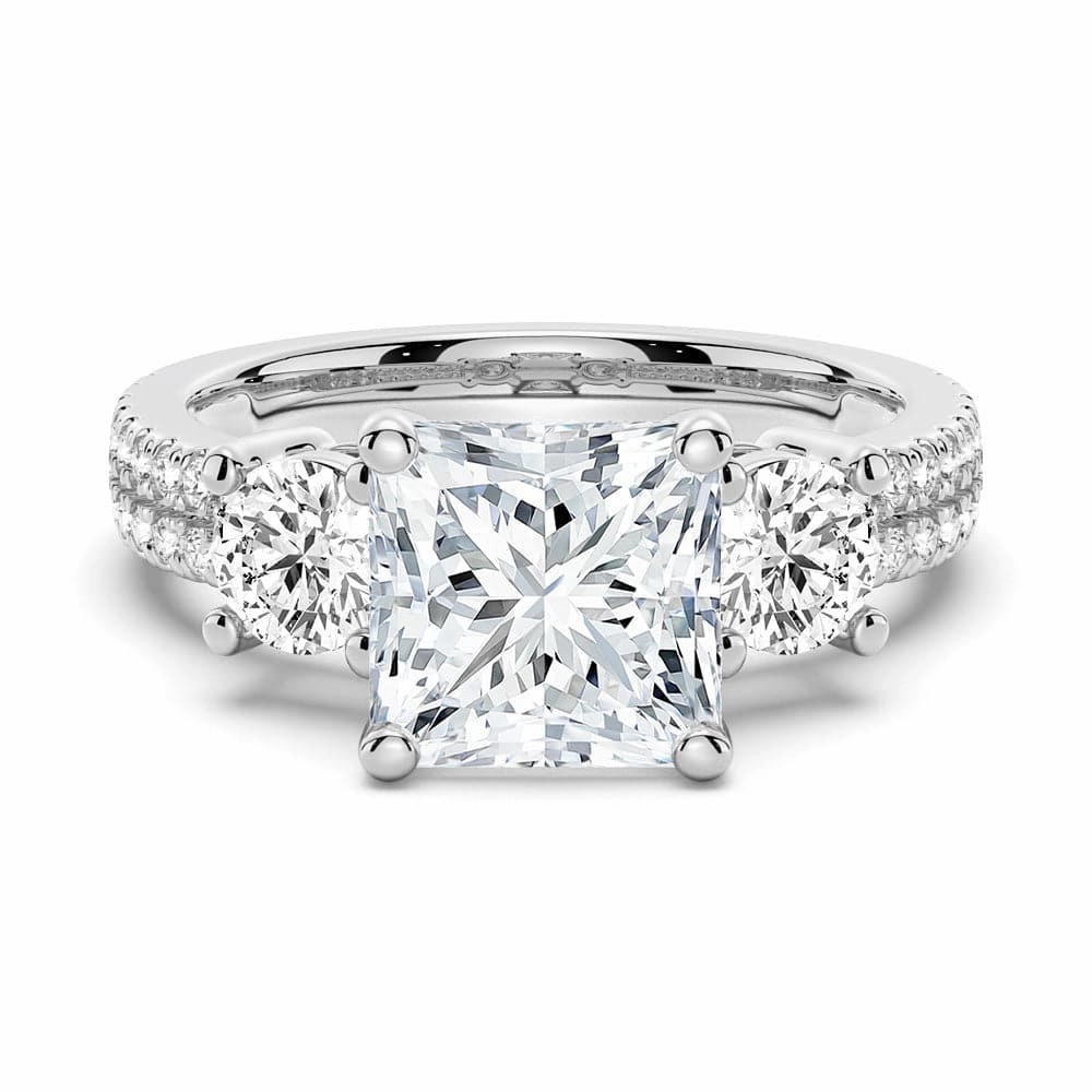 Vibrant Accent Double Row Pave Three Stone Princess Cut Moissanite Engagement Ring