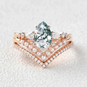 Pear Shaped Moss Agate Pearl Stacking Engagement Ring Set 3pcs Infinite Style Sleek Mood
