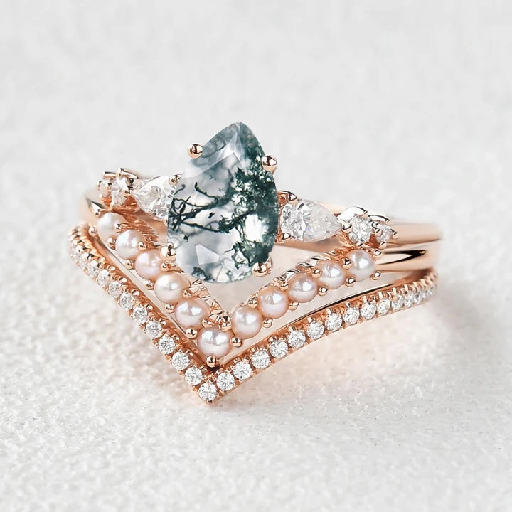 Opulent Glow Pear Shaped Moss Agate Pearl Stacking Engagement Ring Set 3pcs