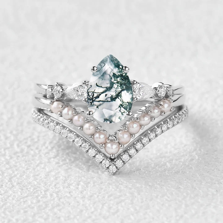 Layer Friendly Pear Shaped Moss Agate Pearl Stacking Engagement Ring Set 3pcs