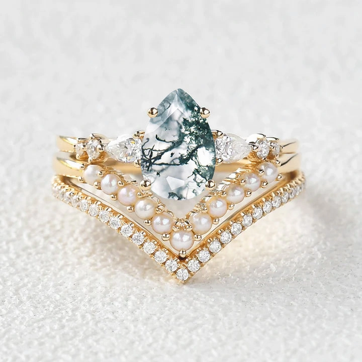 Glam Day Pear Shaped Moss Agate Pearl Stacking Engagement Ring Set 3pcs
