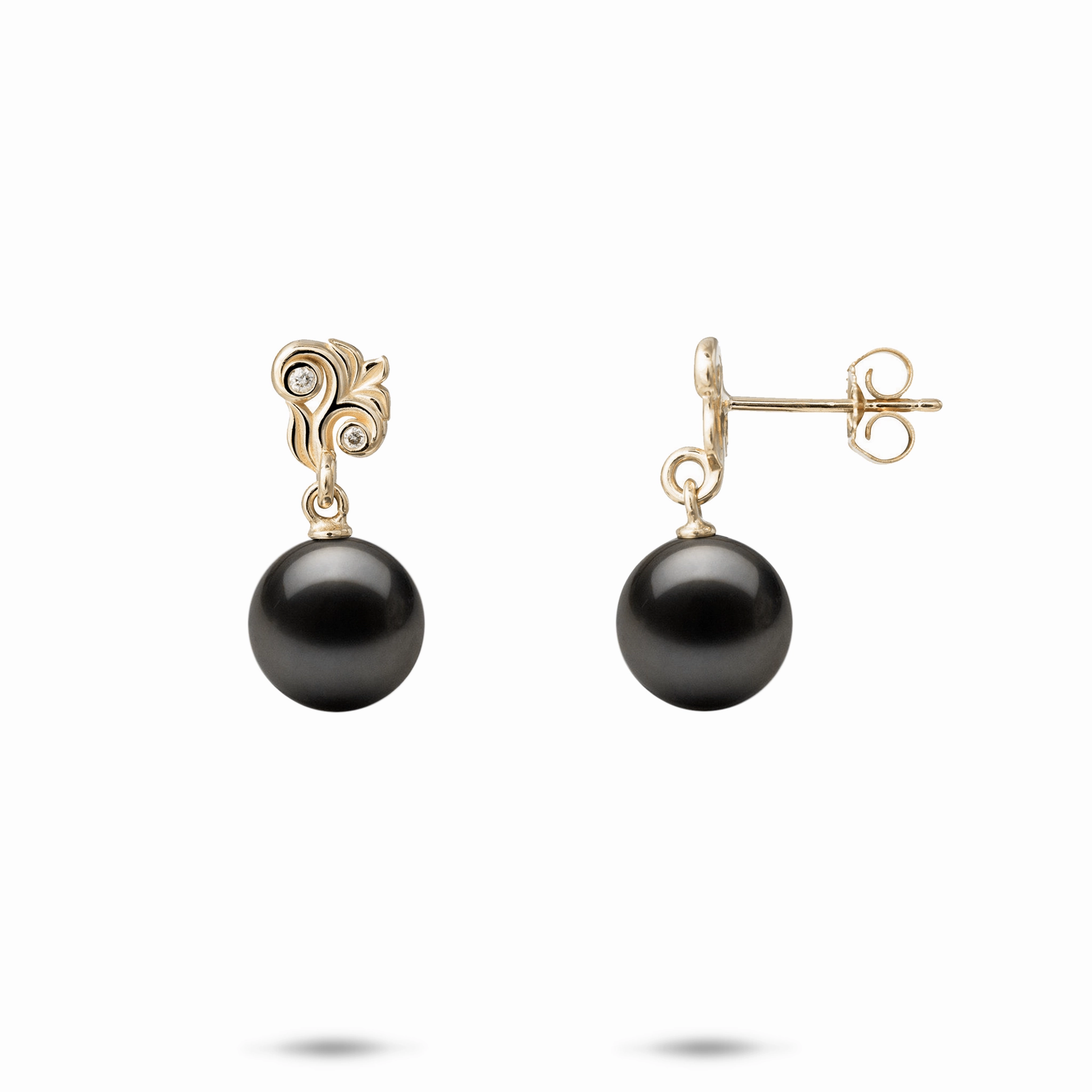 Classic Selection Daily Jewelry Living Heirloom Tahitian Black Pearl Earrings in Gold with Diamonds - 8-9mm