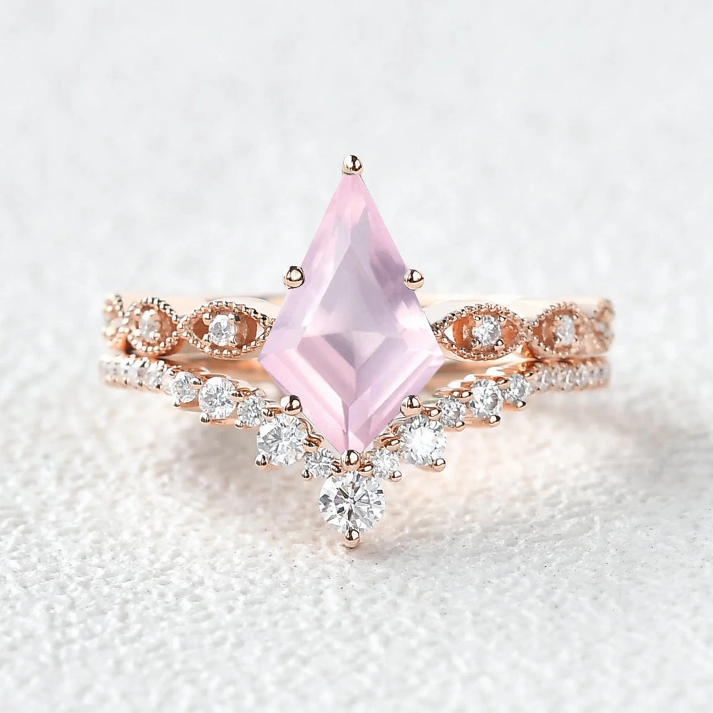 Vintage Rose Quartz Kite Cut Engagement Ring Set 2pcs - Winona Chic Flow Anniversary Present