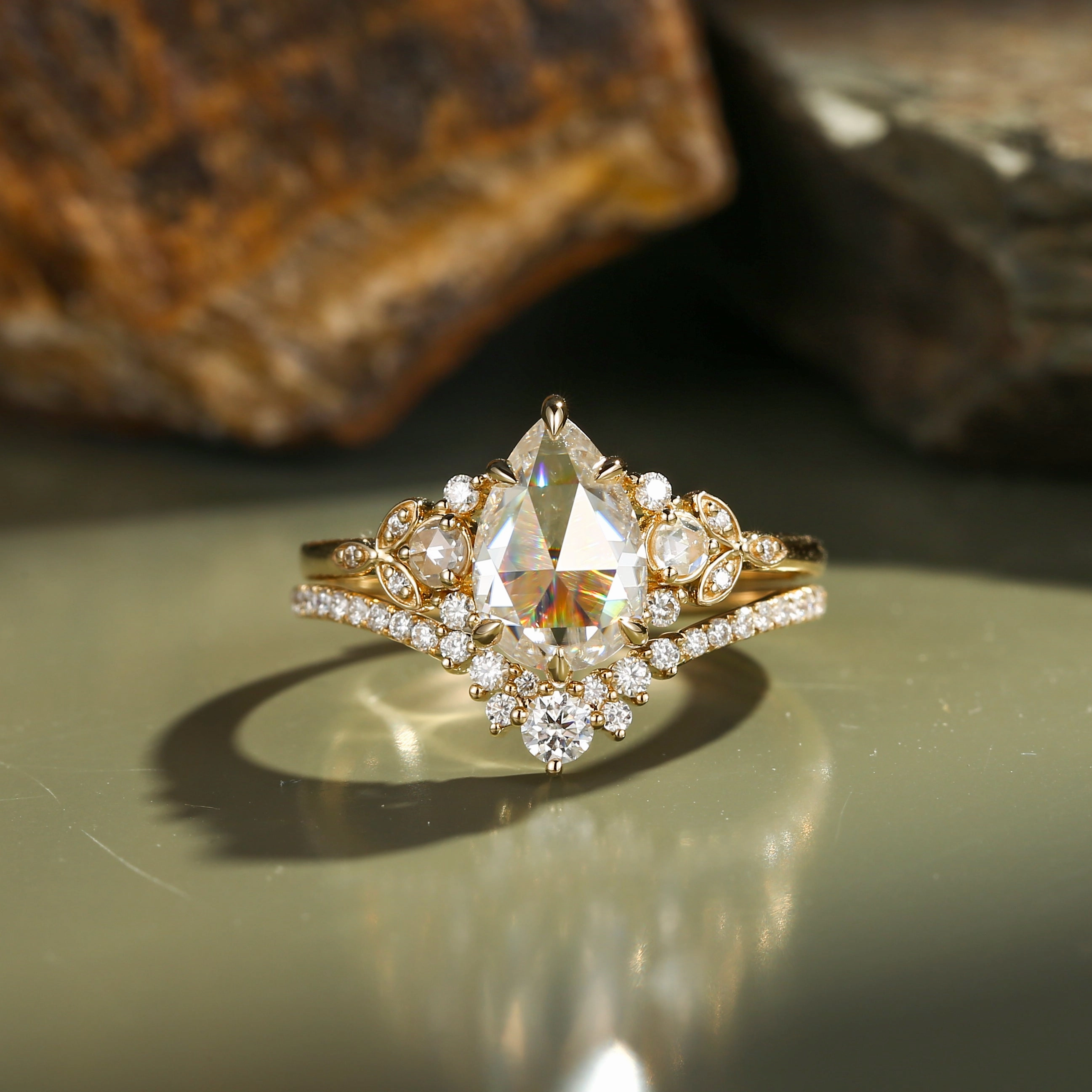 Rose Cut Pear Vintage Moissanite Gold Ring Set 2pcs - Rhea Classic Jewelry