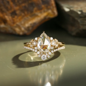 Rose Cut Pear Vintage Moissanite Gold Ring Set 2pcs - Rhea Gift Choice