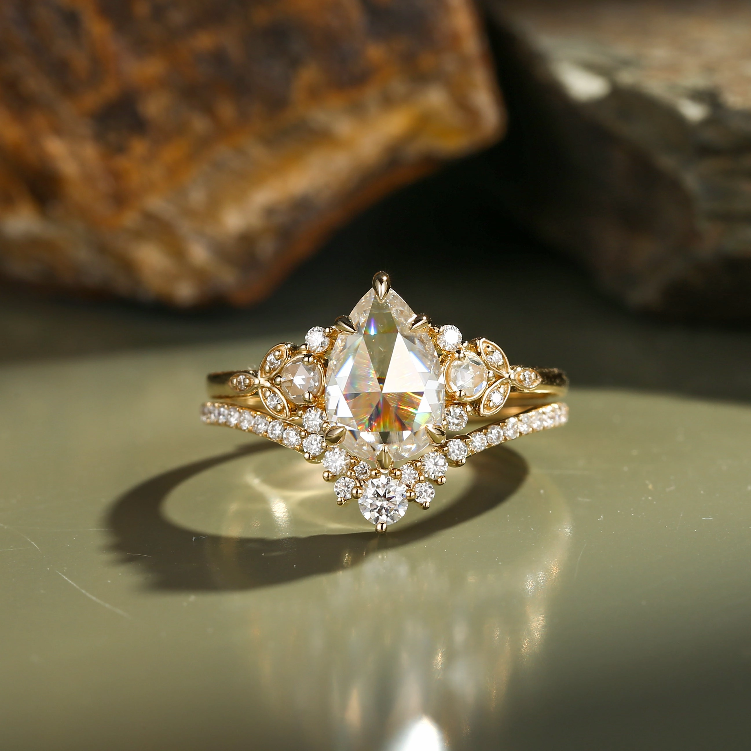Rose Cut Pear Vintage Moissanite Gold Ring Set 2pcs - Rhea Dazzling Glow
