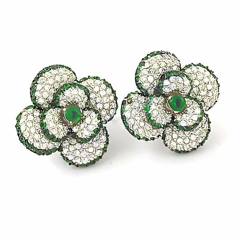 Decorative Creation Elegant Silver Stud Earrings with Green & White CZ - Gracious Flower Style