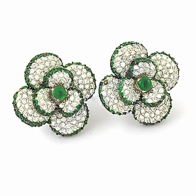 Decorative Creation Elegant Silver Stud Earrings with Green & White CZ - Gracious Flower Style