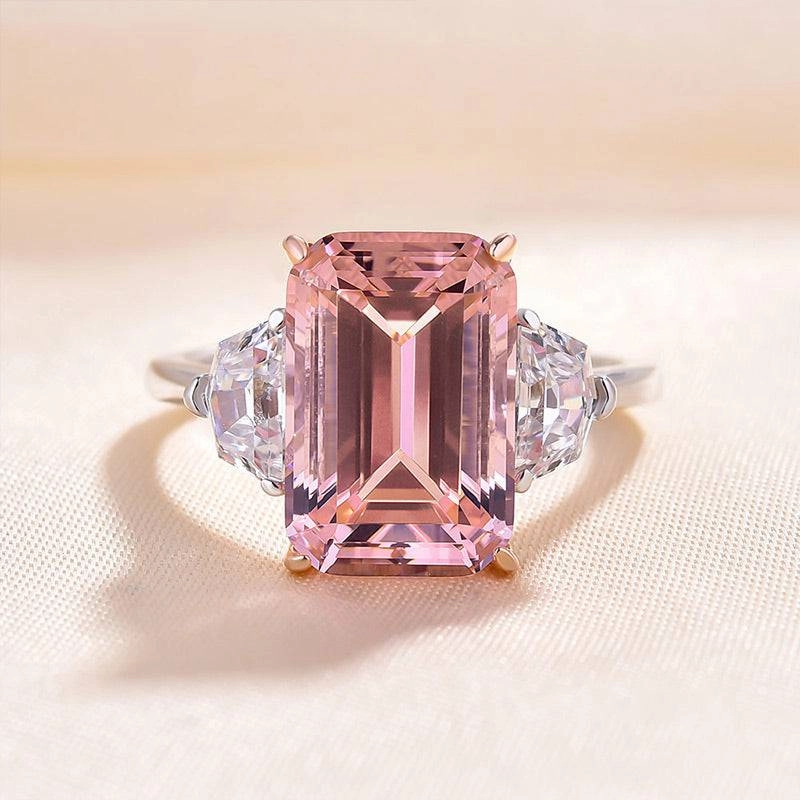 Seasonal Shine Modern Statement Louily Gorgeous Emerald Cut Morganite Pink Three Stone Engagement Ring In Sterling Silver