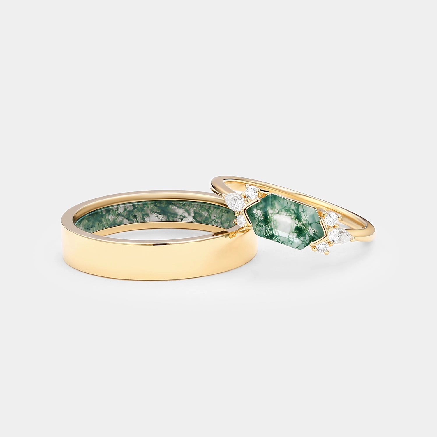 Sophisticated Glam Radiant Design Yellow Gold Elongated Hexagon Moss Agate Couple Ring Set 2pcs