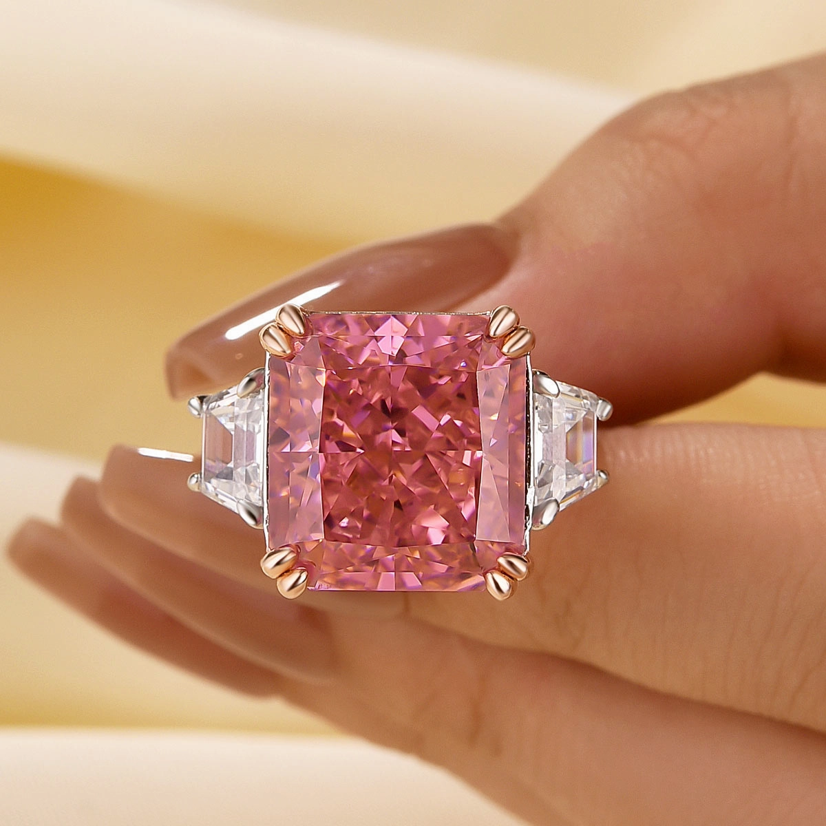 Eye Catcher Luxurious Pink Stone Radiant Cut Three Stone Engagement Ring In Sterling Silver