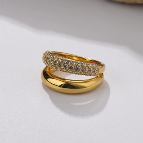 Luisa Chunky Gold Stacking Ring with CZs 18K | Wide Band Layered CZ Ring CZ Statement Ring, Gold Cigar Band Ring, Diamond Rhombus Ring Unisex Ring Fantastic Piece