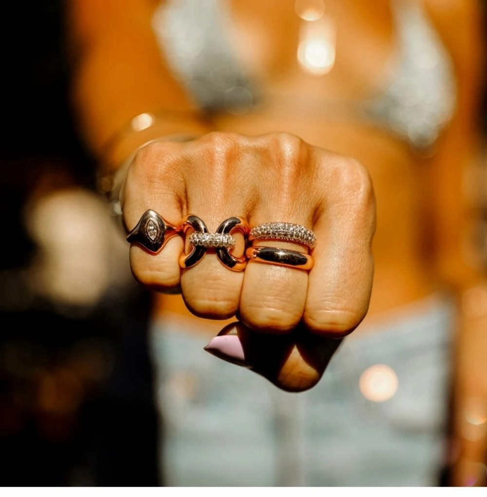 Soft Form Unique Creation Luisa Chunky Gold Stacking Ring with CZs 18K | Wide Band Layered CZ Ring CZ Statement Ring, Gold Cigar Band Ring, Diamond Rhombus Ring Unisex Ring