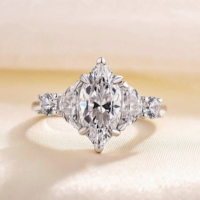 Intricate Work Soft Light Louily Stunning Marquise Cut Three Stone Engagement Ring In Sterling Silver