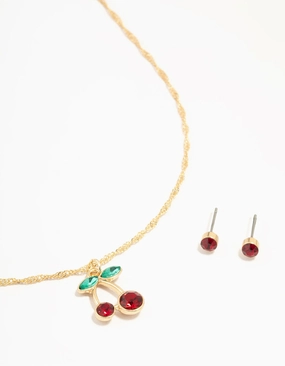 Gold Cherry Necklace & Red Diamante Earrings Set Premium Craft Casual Elegance