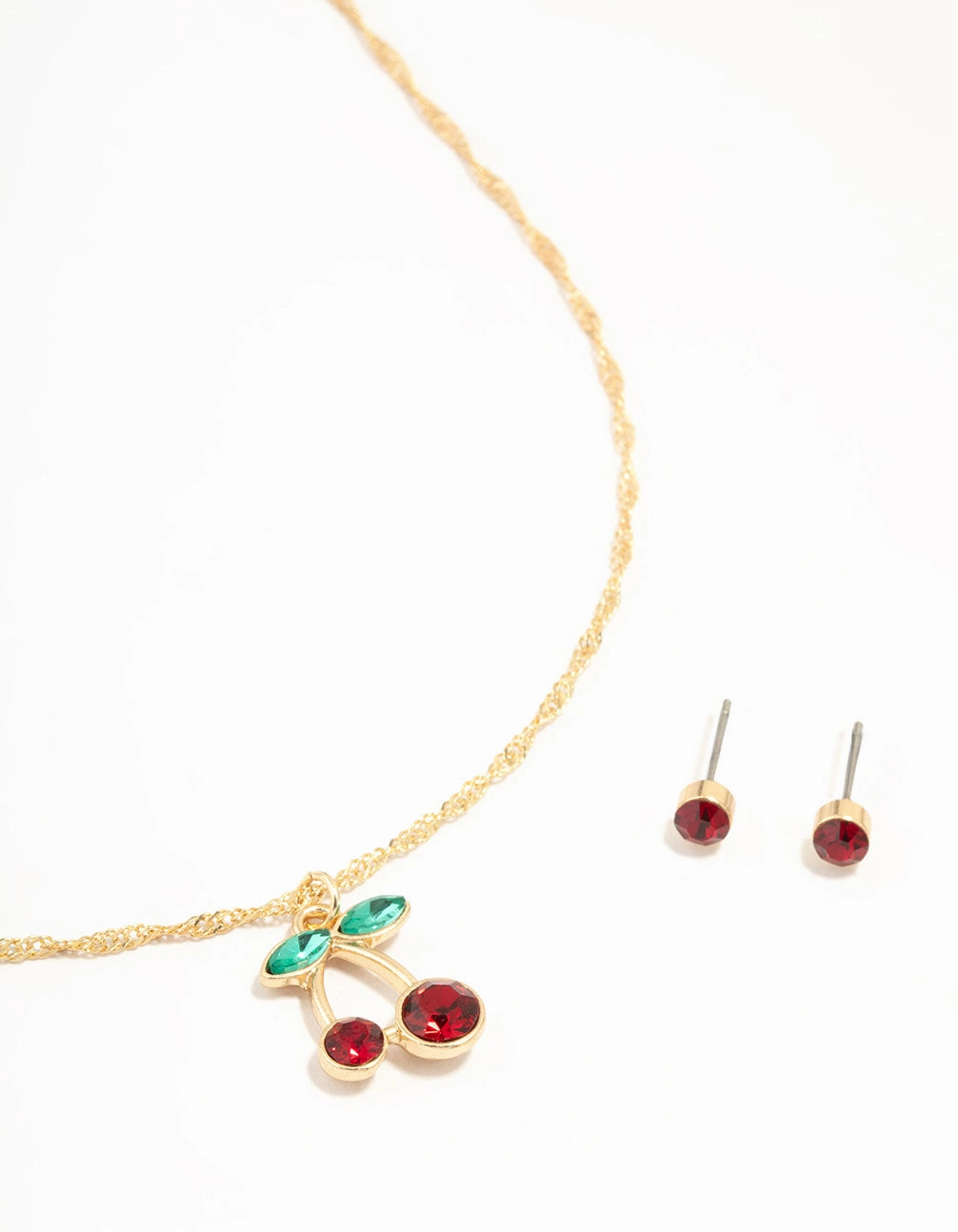 Gold Cherry Necklace & Red Diamante Earrings Set Premium Craft Casual Elegance