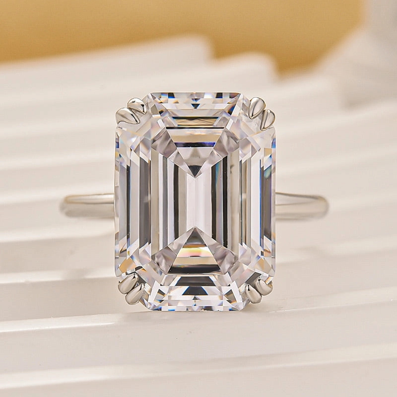 Instant Match Luxurious 11.5 Carat Emerald Cut Engagement Ring In Sterling Silver