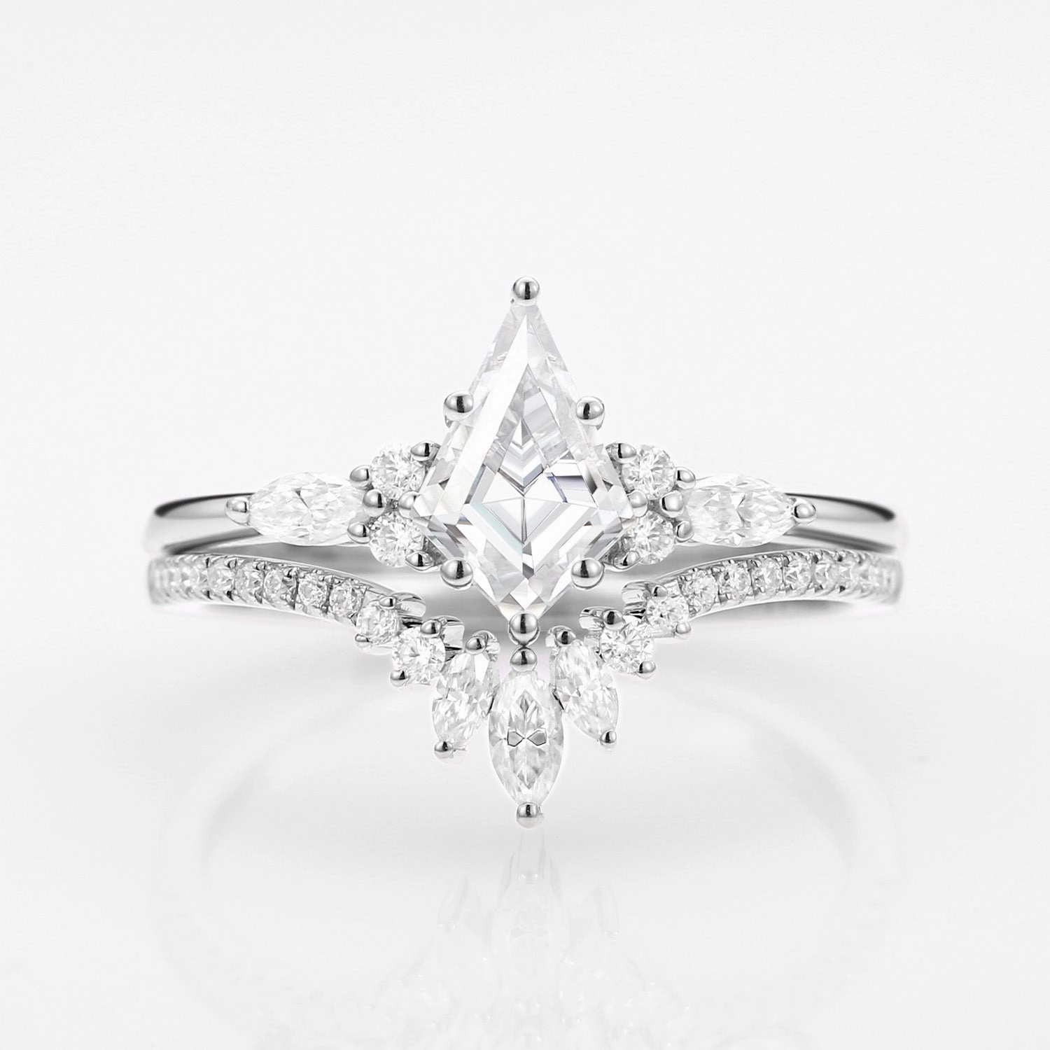 Cool Form Elegant Touch Unique Kite Cut Moissanite Classic Engagement Ring Set 2pcs - Rebecca