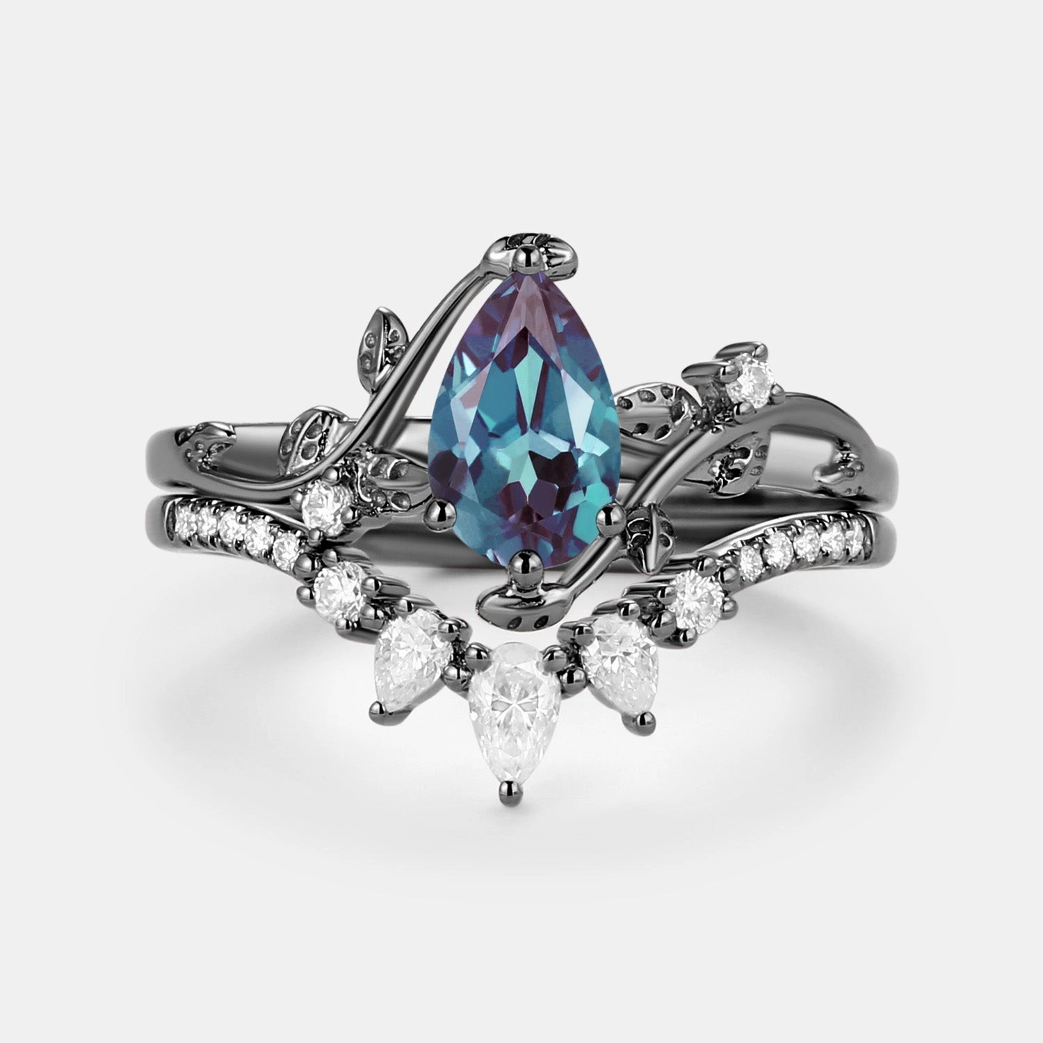 Seasonal Light Lab Alexandrite & Moissanite White Gold Ring Set 2pcs