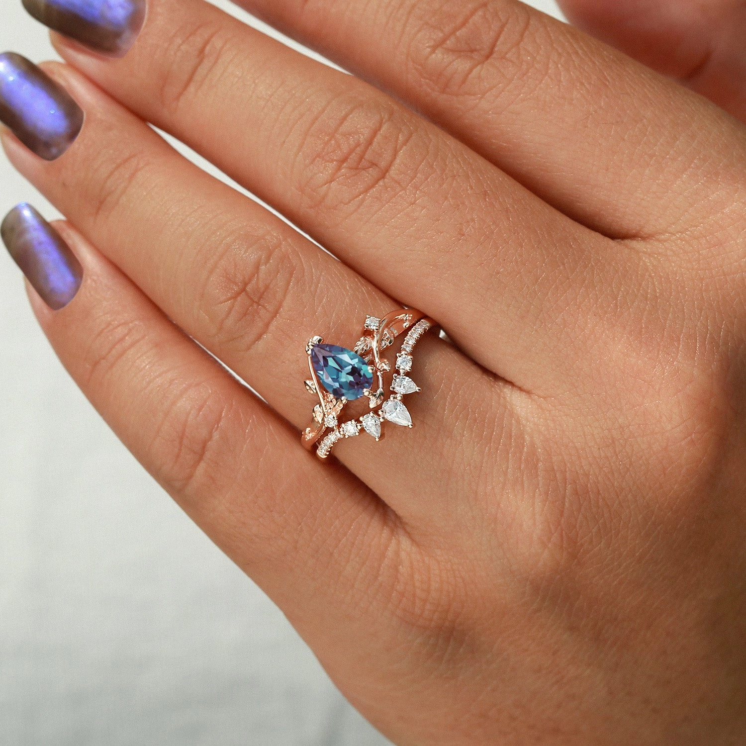 Lab Alexandrite & Moissanite White Gold Ring Set 2pcs Timeless Spark