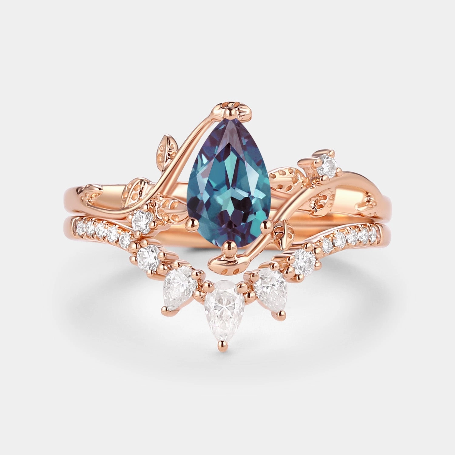 Lab Alexandrite & Moissanite White Gold Ring Set 2pcs Personalized Gift Minimal Piece