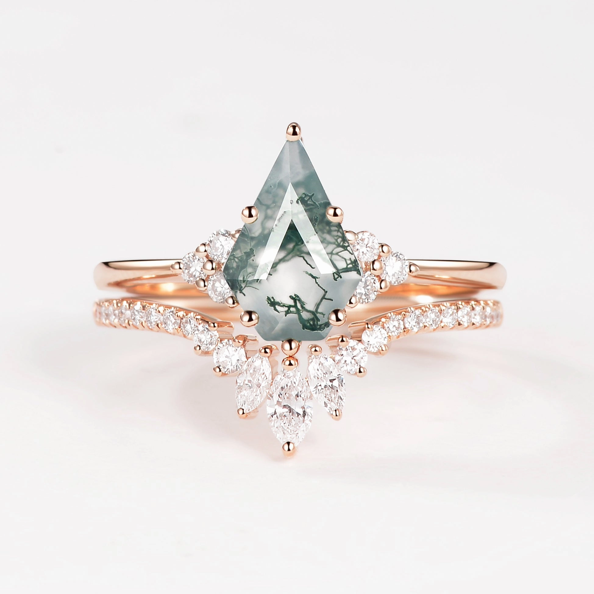 Pentagon Kite Cut Unique Moss Agate Engagement Ring Set 2pcs - Lydia Sculpted Edge Unique Treasures