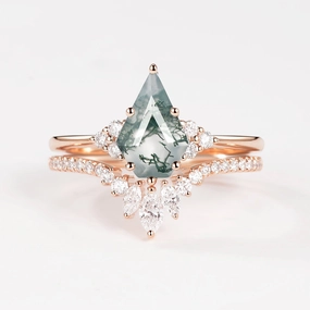 Vogue Style Pentagon Kite Cut Unique Moss Agate Engagement Ring Set 2pcs - Lydia