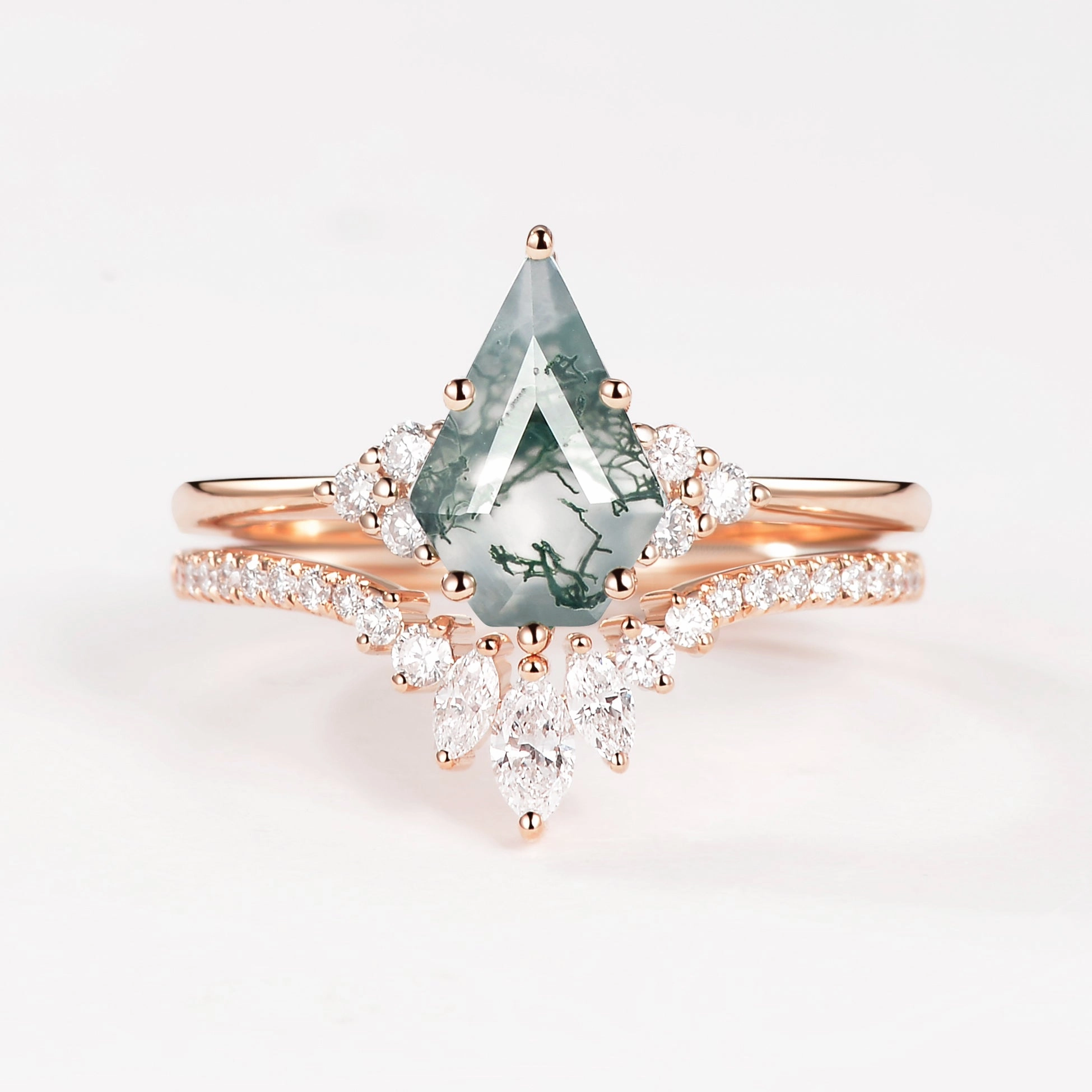 Vogue Style Pentagon Kite Cut Unique Moss Agate Engagement Ring Set 2pcs - Lydia
