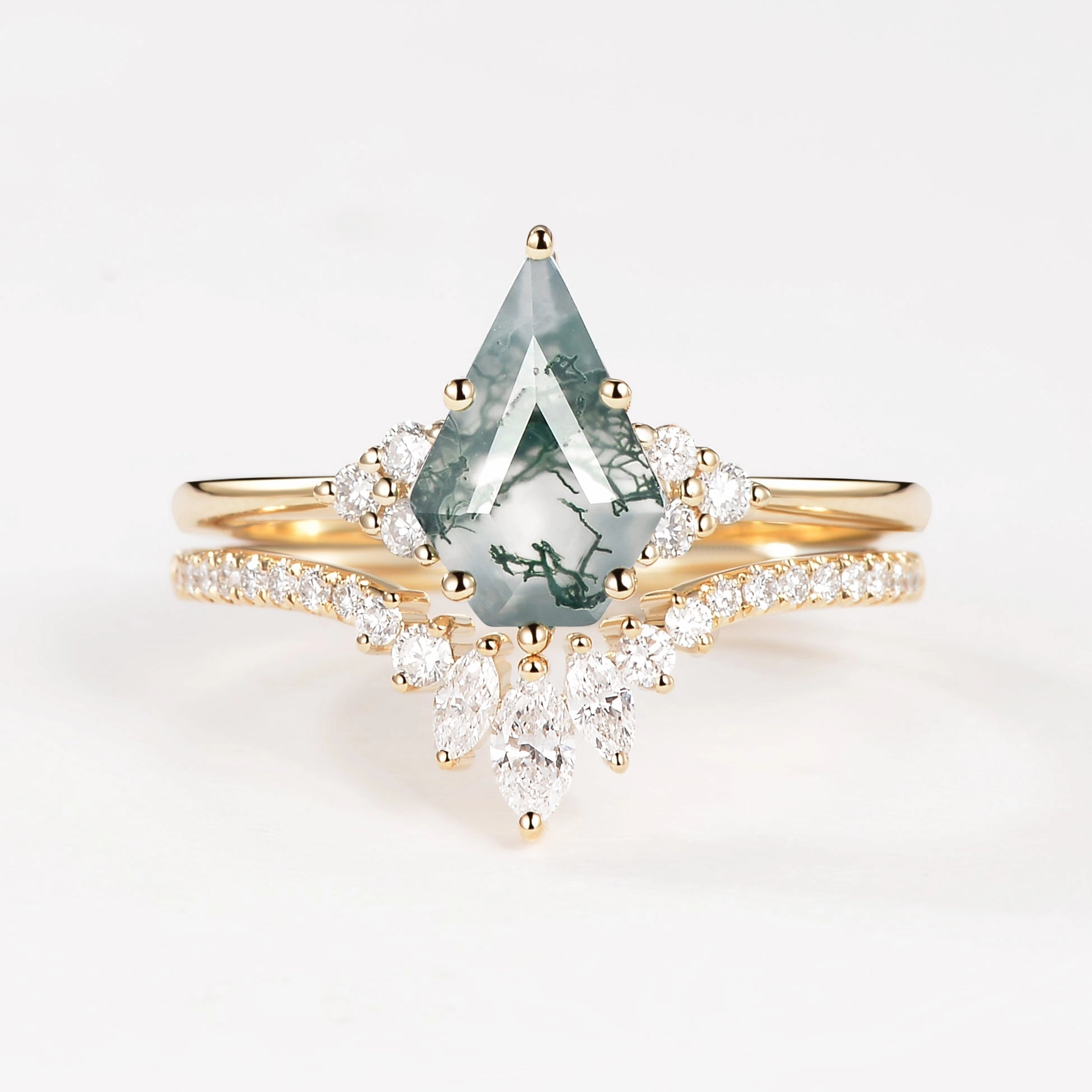 Pentagon Kite Cut Unique Moss Agate Engagement Ring Set 2pcs - Lydia Glossy Look Shiny Edge