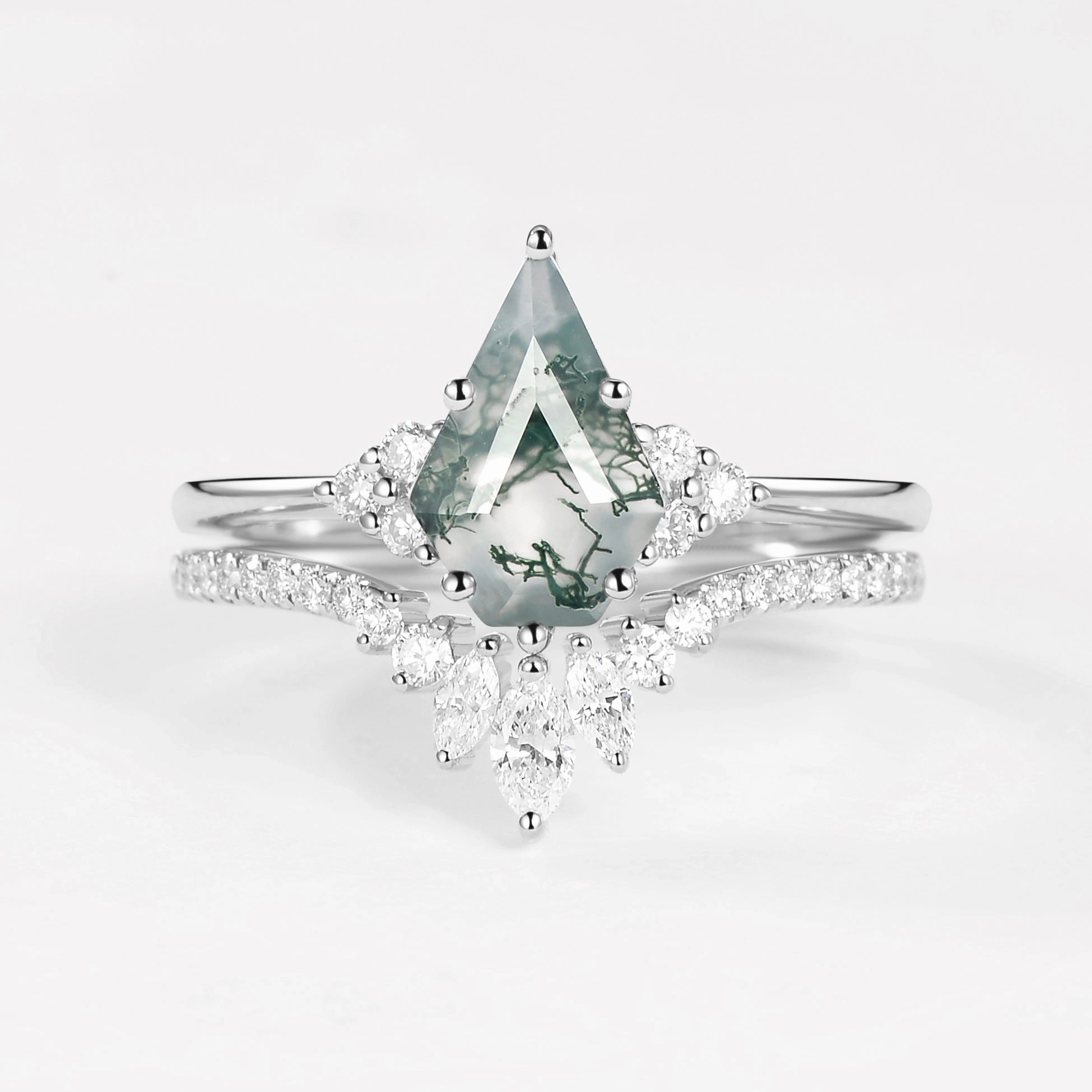Glistening Sparkle Elegant Shape Pentagon Kite Cut Unique Moss Agate Engagement Ring Set 2pcs - Lydia