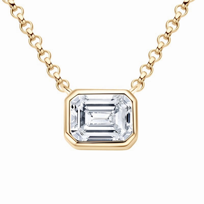 Bezel Set Emerald Cut Moissanite Diamond Necklace | S925 Sterling Silver Social Piece