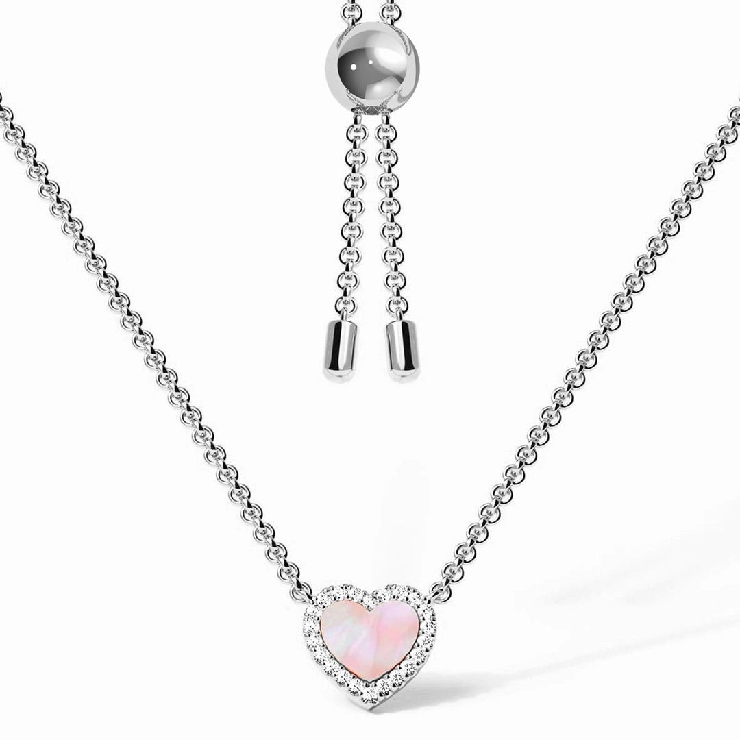 Pink Mother of Pearl & Moissanite Heart Pendant Necklace Inspired Accent Layered Texture