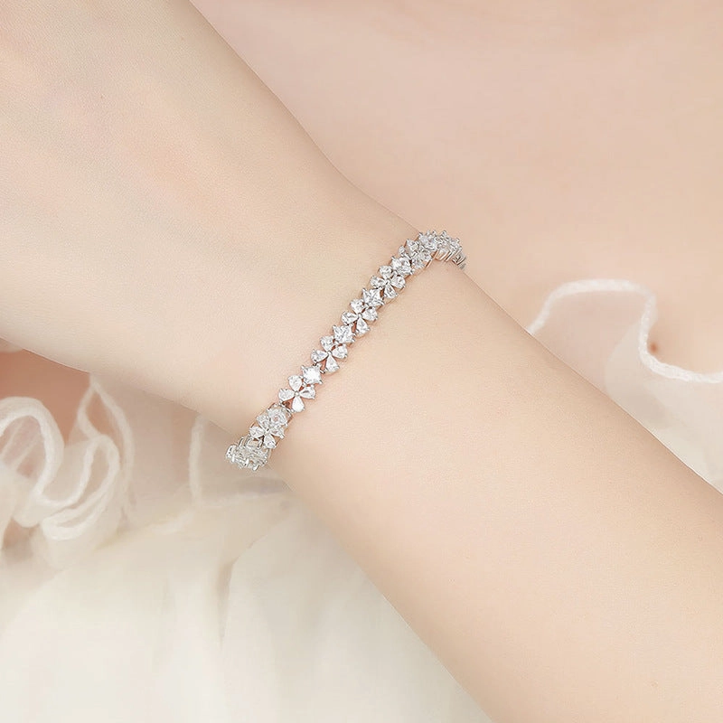 Four Leaf Clover Diamond Flower Tennis Bracelet | S925 Diamond Dust
