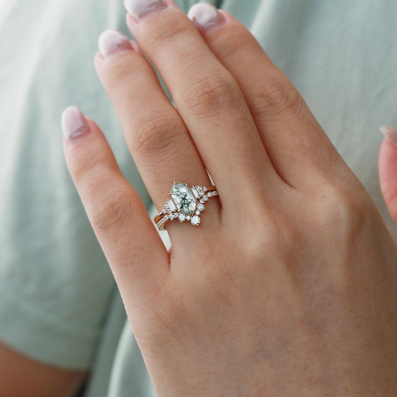 Long Hexagon Moss Agate Milgrain Engagement Ring Set 2pcs Travel Look Bold Form