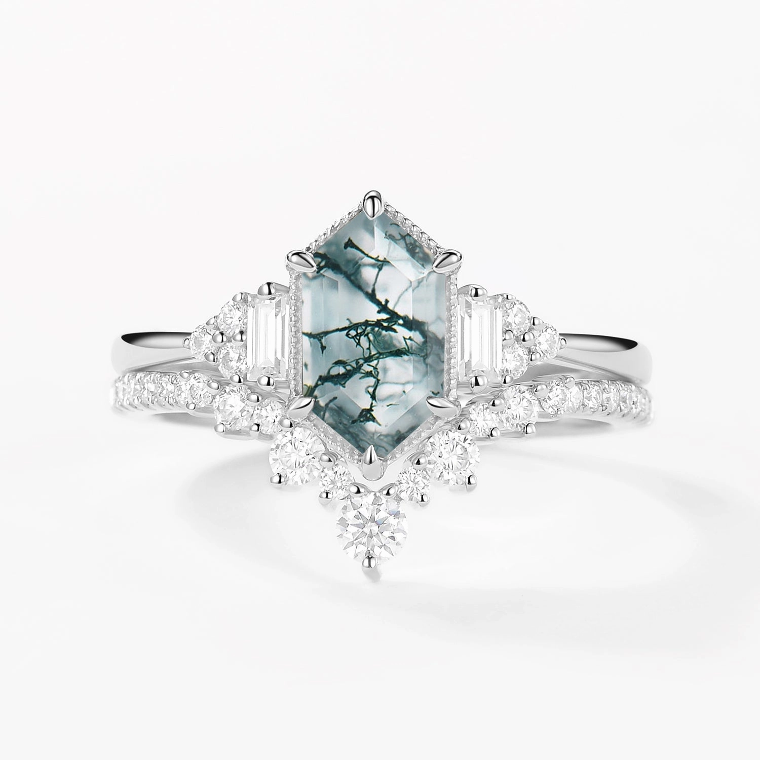 Long Hexagon Moss Agate Milgrain Engagement Ring Set 2pcs Clean Texture Trendy Gift