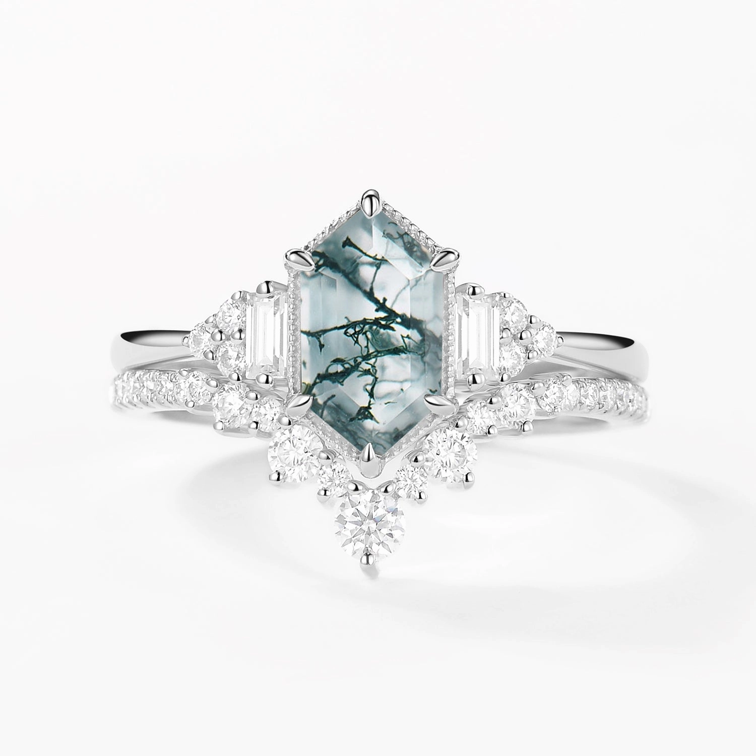 Easy Match Premium Shine Long Hexagon Moss Agate Milgrain Engagement Ring Set 2pcs