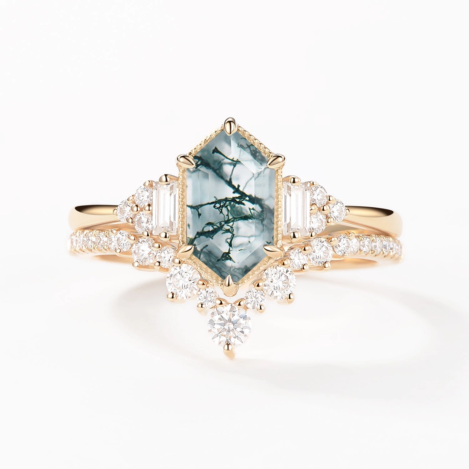 Long Hexagon Moss Agate Milgrain Engagement Ring Set 2pcs Crystal Clear